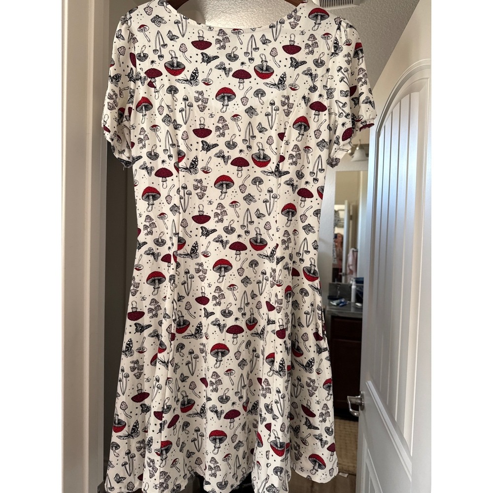 Mushroom Butterfly Lace Up Mini Dress Cream Red XL Cottagecore alt girl Whimsey - Picture 3 of 8